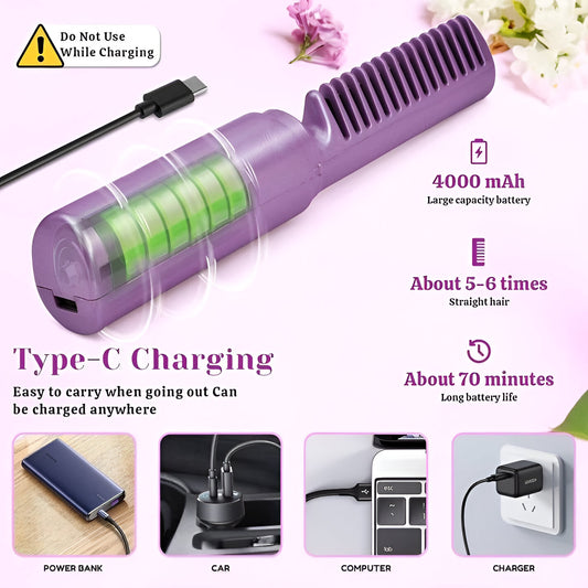 Portable Cordless Hair Straightener Comb | USB Type-C Rechargeable | Fast Heating Detangling Brush