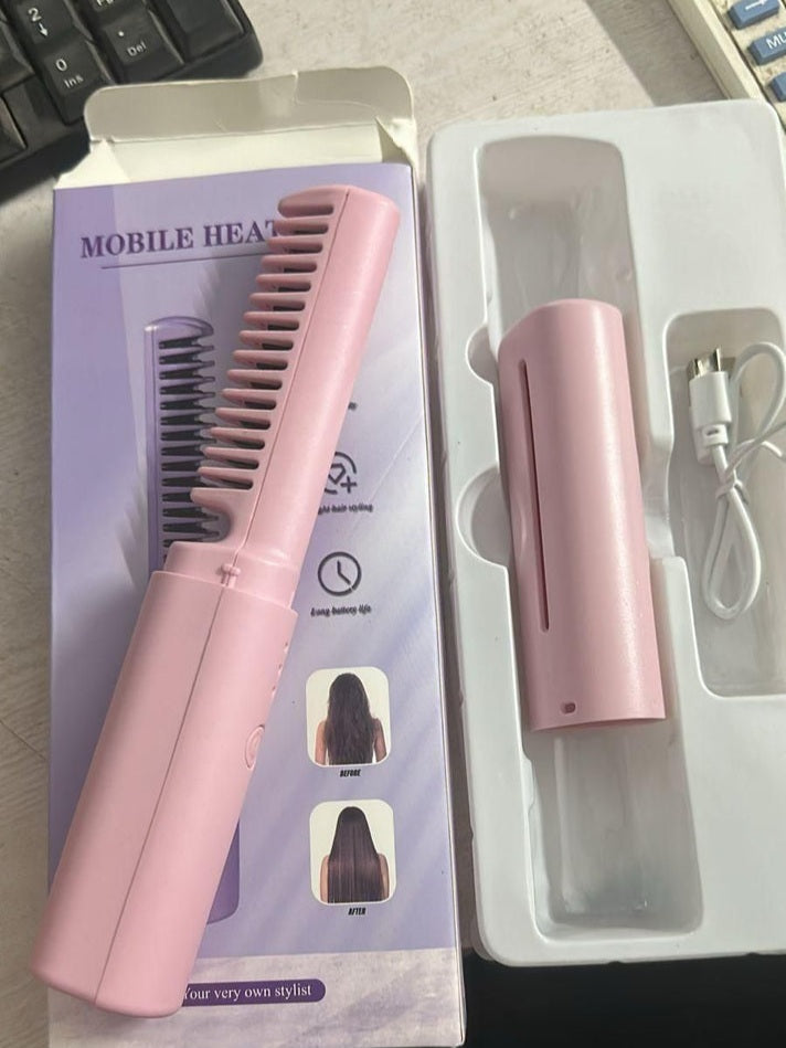 Portable Cordless Hair Straightener Comb in pink packaging with USB charger for easy styling.