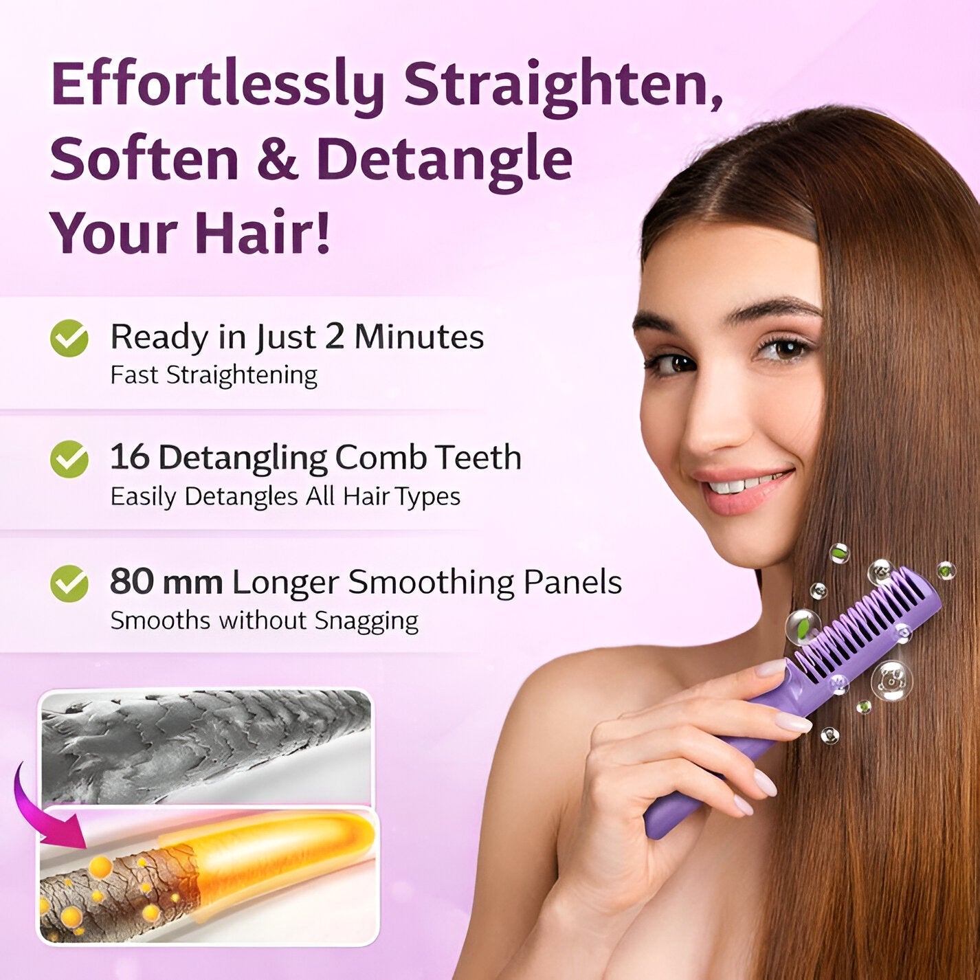 Portable Cordless Hair Straightener Comb features fast straightening, detangling comb teeth, and longer smoothing panels for easy hair styling.
