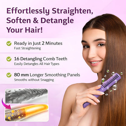 Portable Cordless Hair Straightener Comb features fast straightening, detangling comb teeth, and longer smoothing panels for easy hair styling.